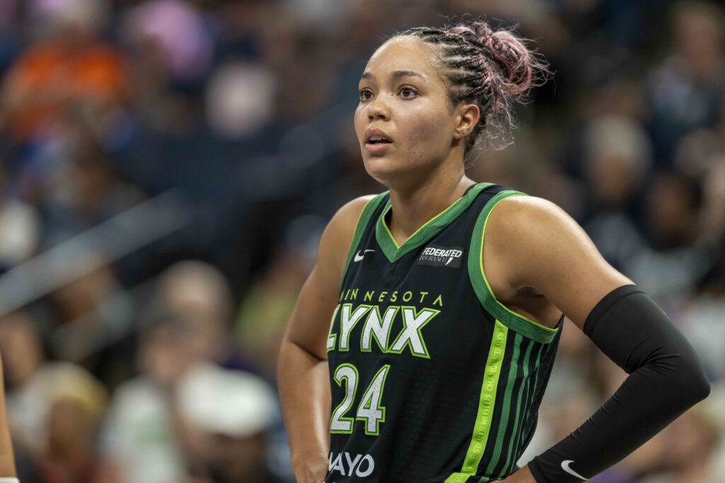 Minnesota Lynx forward Napheesa Collier (24) looks on against the Golden State Valkyries in the second half during game one of round one for the 2025 WNBA Playoffs at Target Center.