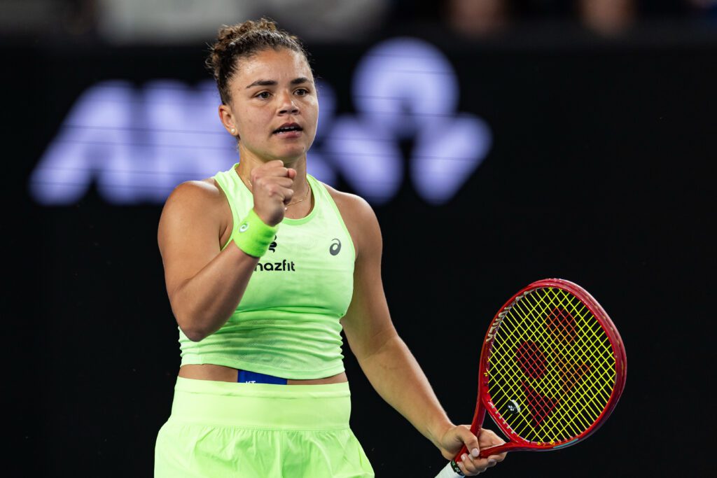 Jasmine Paolini of Italy in action against Magdalena Frech of Poland in the second round of the womens singles at the Australian Open at John Cain Arena in Melbourne Park.