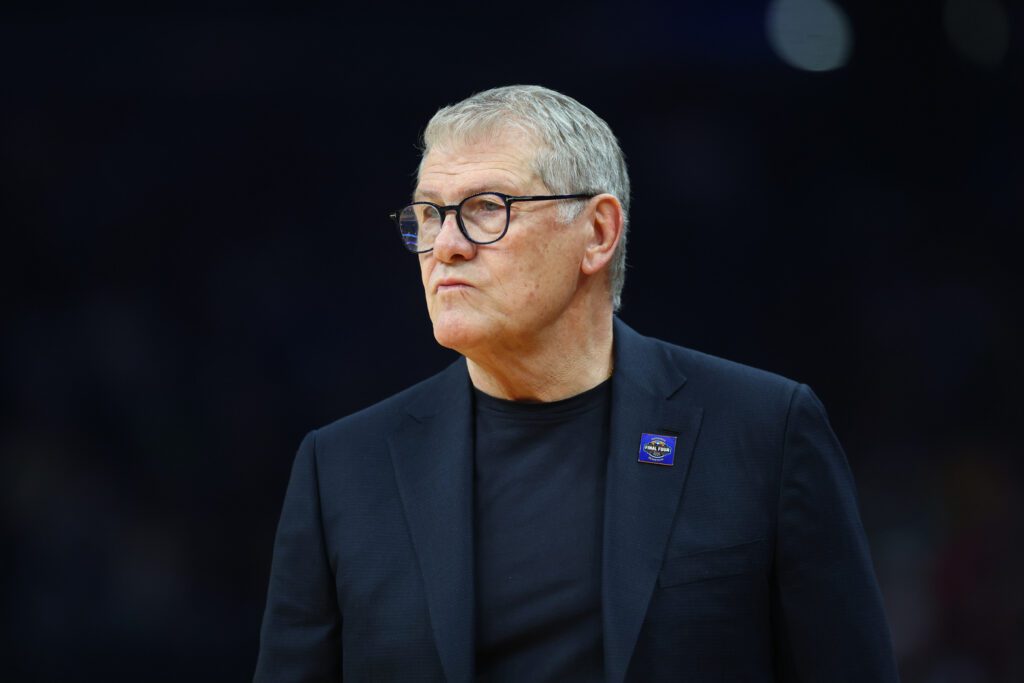 UConn Huskies head coach Geno Auriemma looks on during the first half of a semifinal of the Final Four of the women's 2026 NCAA Tournament.