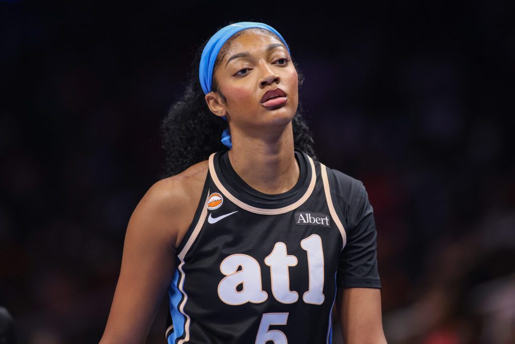 Atlanta Dream forward Angel Reese (5) comes out of a game against the Las Vegas Aces in the first quarter at State Farm Arena.