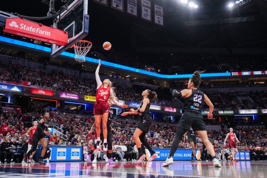 Indiana Fever guard Sophie Cunningham (8) goes up for a basket Friday, May 22, 2026, during a Fever vs Valkyries game at Gainbridge Fieldhouse in Indianapolis. The Indiana Fever defeated the Golden State Valkyries, 90-82.
