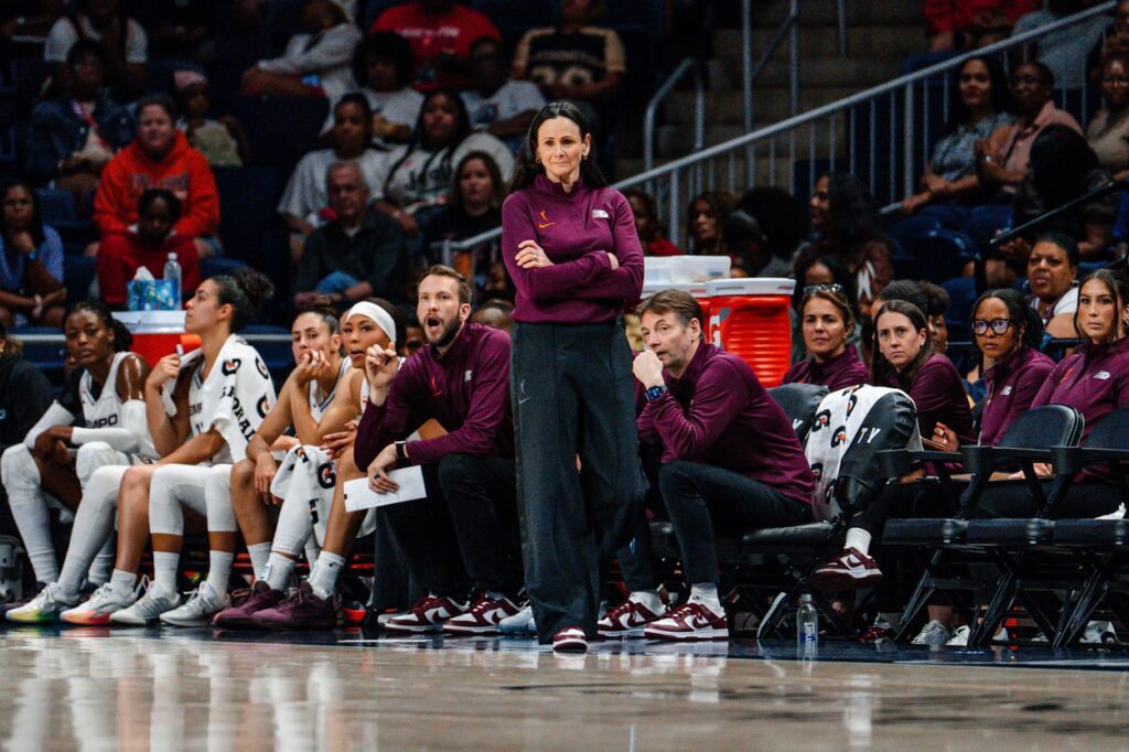 Toronto Tempo head coach Sandy Brondello watches from the sidelines during the first half against the Washington Mystics at CareFirst Arena.