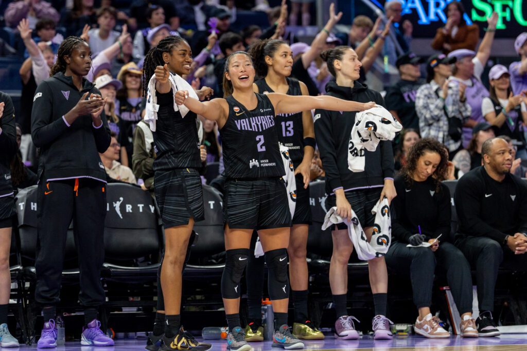 The Golden State Valkyries bench celebrates during the fourth quarter against the Los Angeles Sparks in a Commissioner’s Cup game at Chase Center.