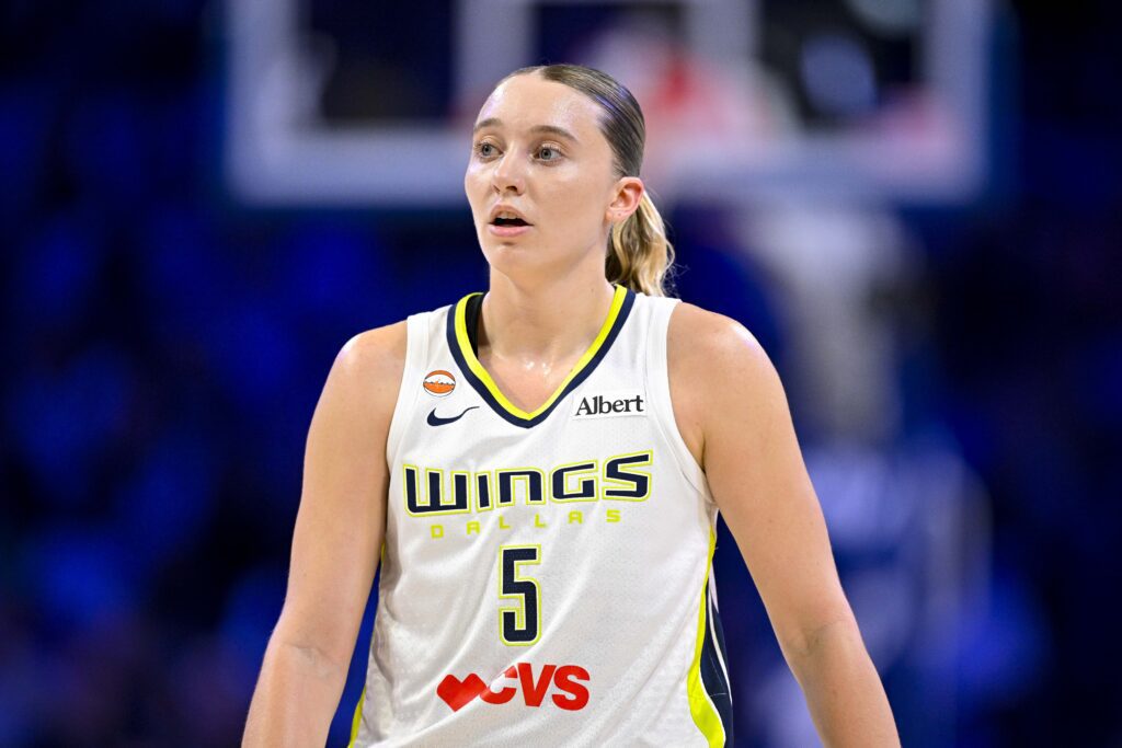 Dallas Wings guard Paige Bueckers (5) looks on during the first half against the Chicago Sky at College Park Center.