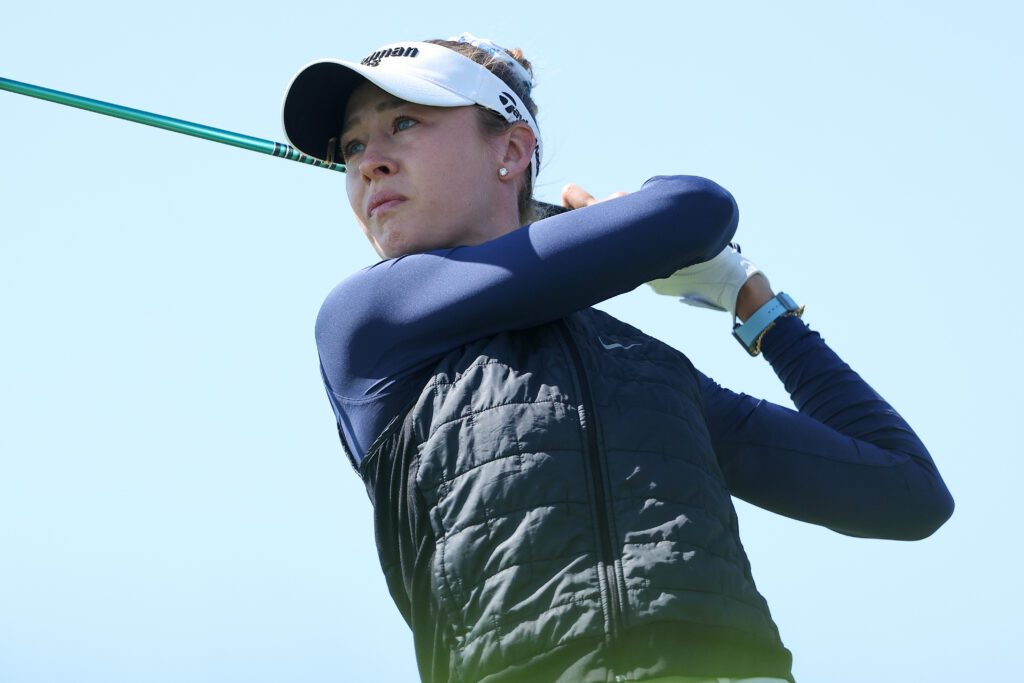 Nelly Korda hits her tee shot on the second hole during the third round of the KPMG Women's PGA Championship golf tournament as fans prepare how to watch LPGA Scottish Open.
