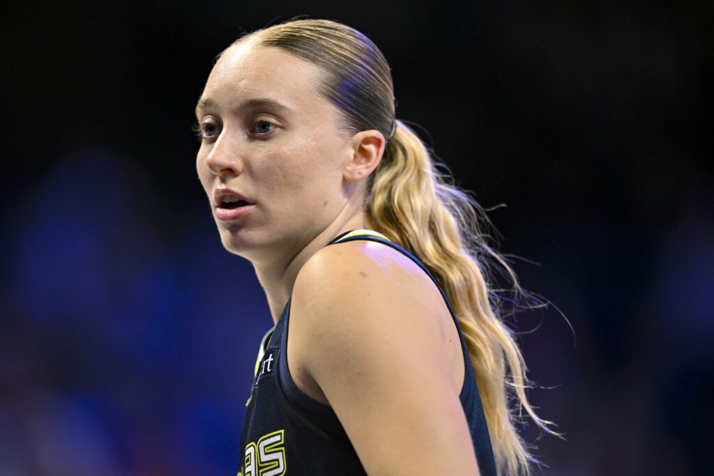 Dallas Wings guard Paige Bueckers (5) looks on during the first half at College Park Center.