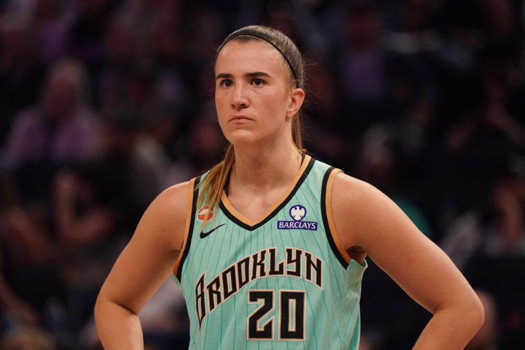 New York Liberty guard Sabrina Ionescu (20) waits for play to resume against the Golden State Valkyries in the second quarter.