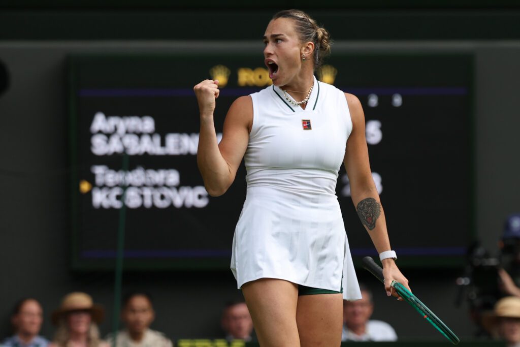 Aryna Sabalenka celebrates after match point against Teodora Kostovic (SRB) (not pictured) on day one of The Championships Wimbledon 2026 at All England Lawn Tennis and Croquet Club.