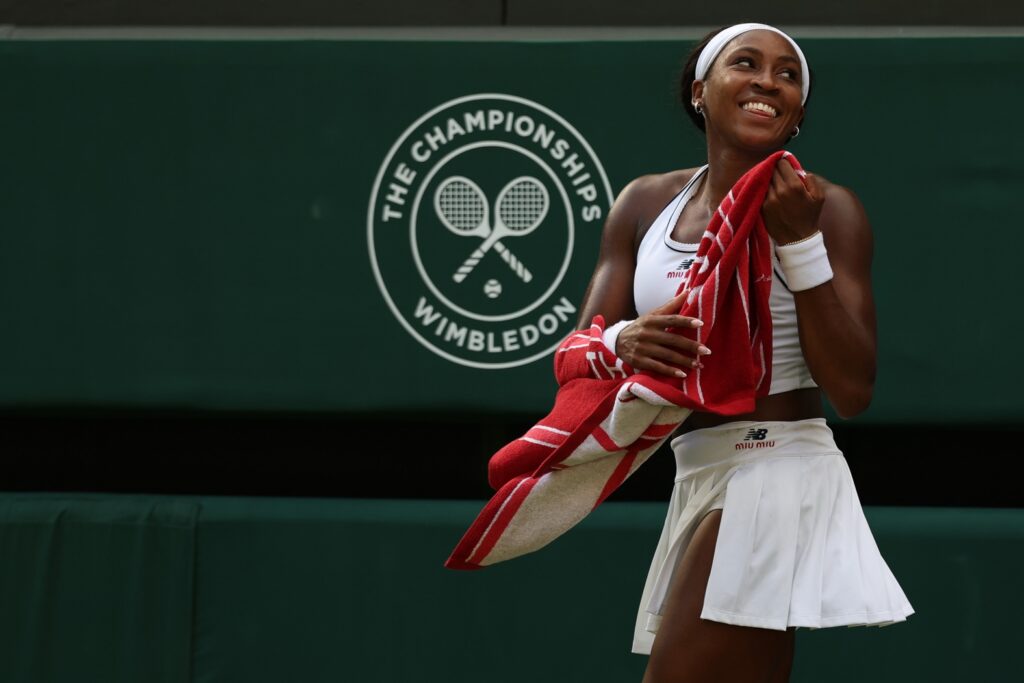 Coco Gauff (USA) reacts after her match against Solana Sierra (ARG) (not pictured) on day three of The Championships Wimbledon 2026 at All England Lawn Tennis and Croquet Club.