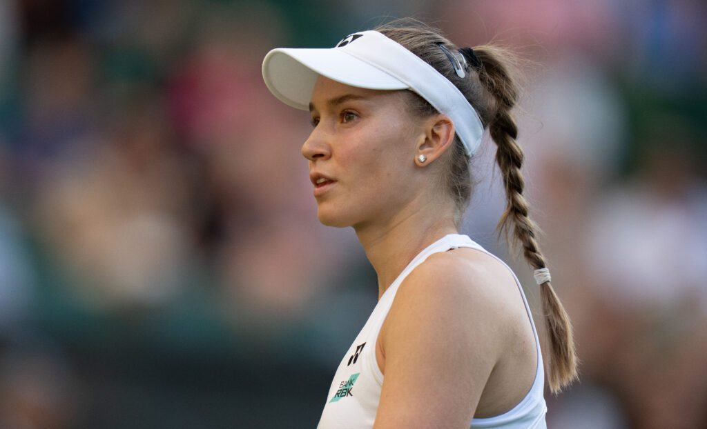 Elena Rybakina of Kazakhstan during her match against Caty McNally of the United States on day four at All England Lawn Tennis and Croquet Club.