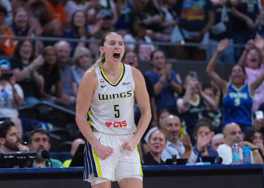 Dallas Wings guard Paige Bueckers (5) reacts after her basket and foul by the Connecticut Sun in the second half at PeoplesBank Arena.