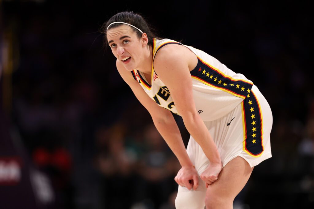 Indiana Fever guard Caitlin Clark (22) reacts to a play during the fourth quarter against the Los Angeles Sparks at Crypto.com Arena.