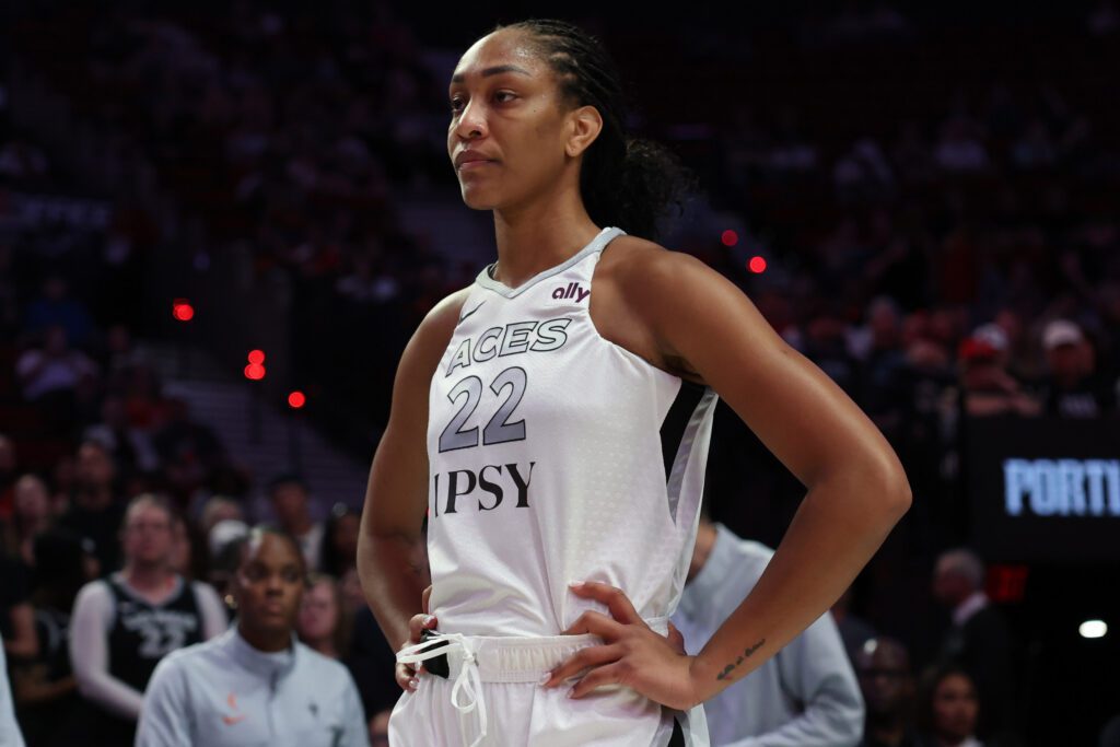 Las Vegas Aces center A'ja Wilson (22) looks on prior to the game against the Portland Fire.