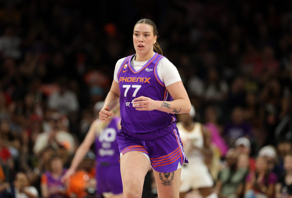 Phoenix Mercury forward Marta Suarez (77) against the Indiana Fever in the second half at Mortgage Matchup Center.