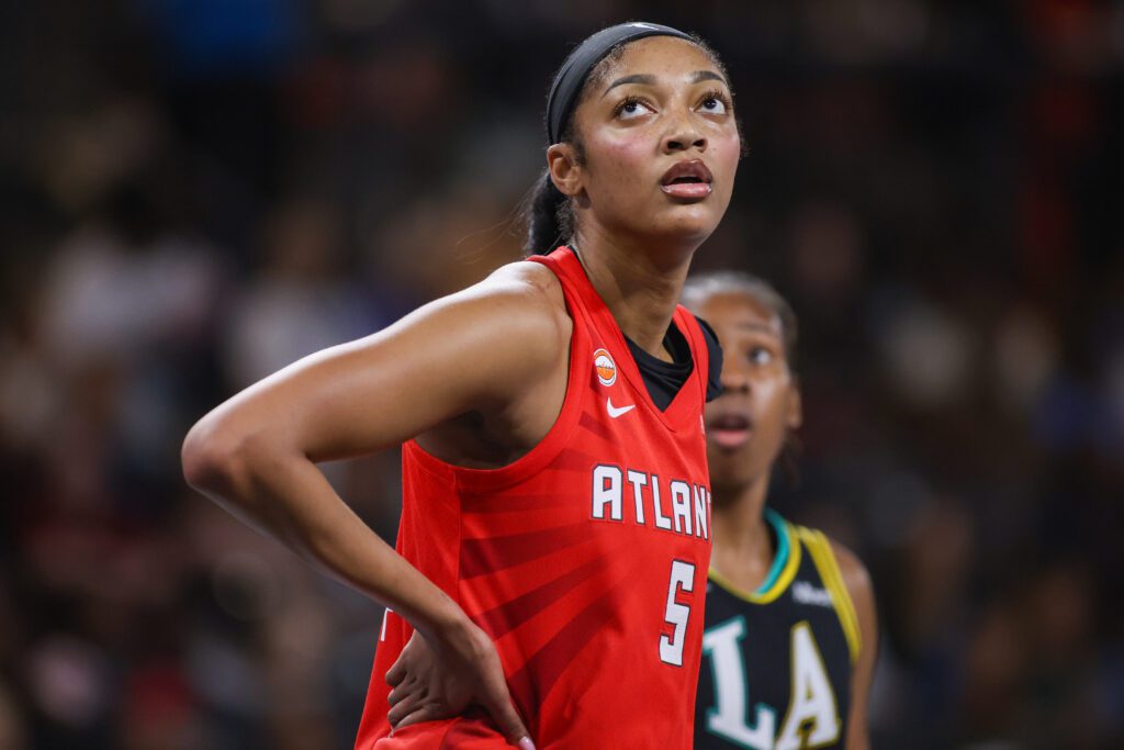 Atlanta Dream forward Angel Reese (5) in action against the Los Angeles Sparks in the first quarter at Gateway Center Arena at College Park.