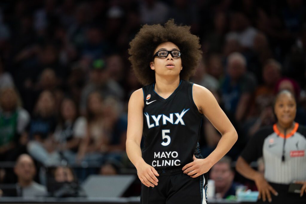 Minnesota Lynx guard Olivia Miles (5) looks on against the Phoenix Mercury in the first half at Target Center.