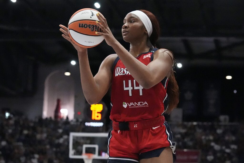 Washington Mystics forward Kiki Iriafen (44) receives a pass during the first half against the Toronto Tempo at Coca-Cola Coliseum.
