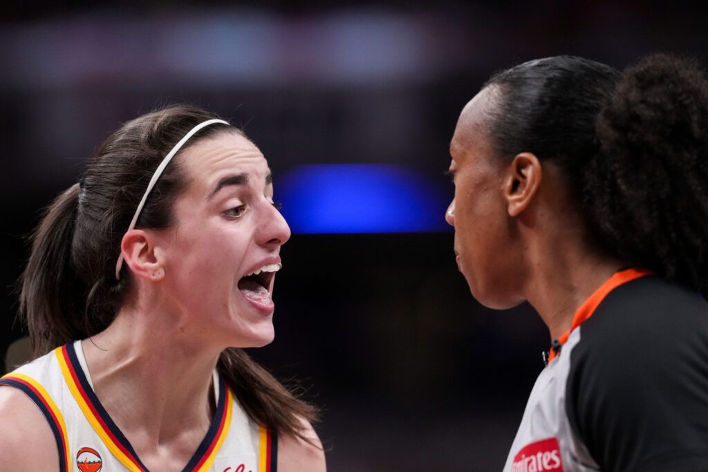 Indiana Fever guard Caitlin Clark (22) reacts to the action Wednesday, July 15, 2026, during the first half of a game at Gainbridge Fieldhouse.