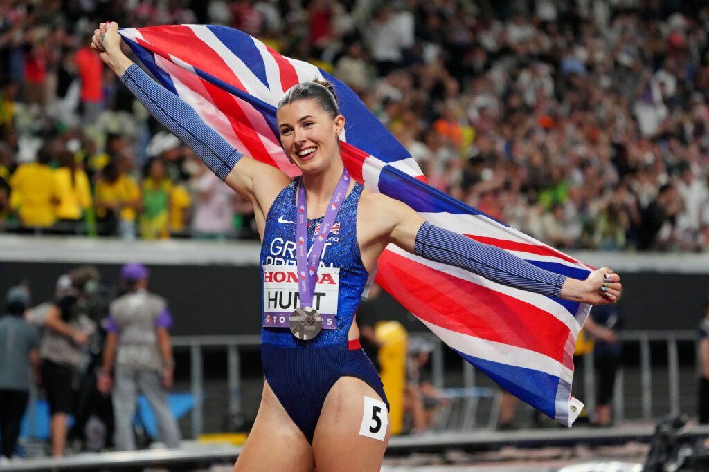 Amy Hunt (GBR) celebrates winning the silver medal in the womens 200m during the World Athletics Championships at National Stadium.
