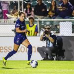 North Carolina Courage midfielder Ashley Sanchez (2) dribbles the ball during the first half of the game against the Racing Louisville FC at First Horizon Stadium at WakeMed Soccer Park.