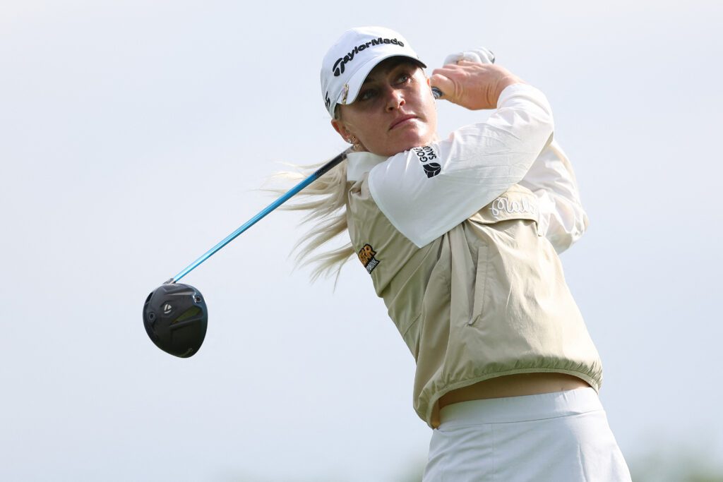 Charley Hull hits her tee shot on the third hole during the second round of the KPMG Women's PGA Championship golf tournament.