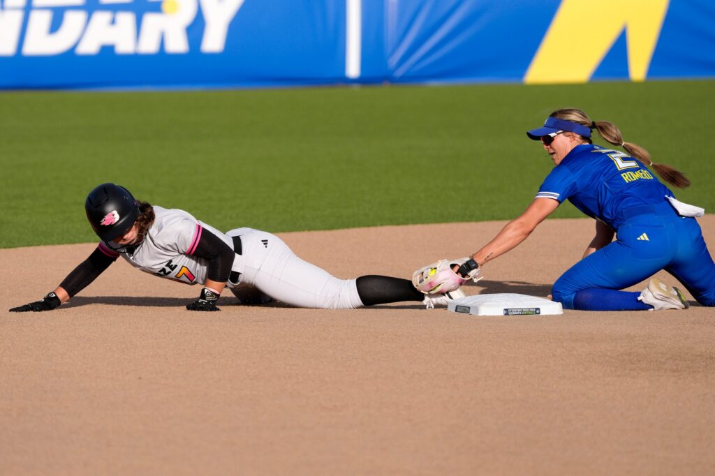 Oklahoma City’s Sydney Romero makes a stop during AUSL softball game between the Oklahoma City Spark and the Utah Talons at Oklahoma Christian University, July 9, 2026