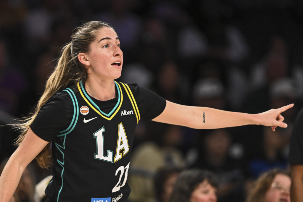 Los Angeles Sparks guard Kate Martin (21) reacts against the Chicago Sky during the first half at Crypto.com Arena.