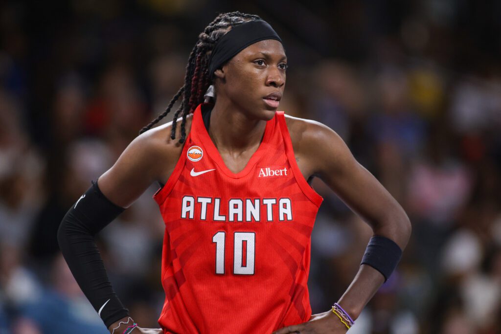 Atlanta Dream guard Rhyne Howard (10) in action against the Los Angeles Sparks in the second quarter at Gateway Center Arena at College Park.