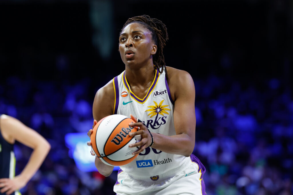 Los Angeles Sparks forward Nneka Ogwumike (30) shoots a free throw against the Dallas Wings during the second half at College Park Center.