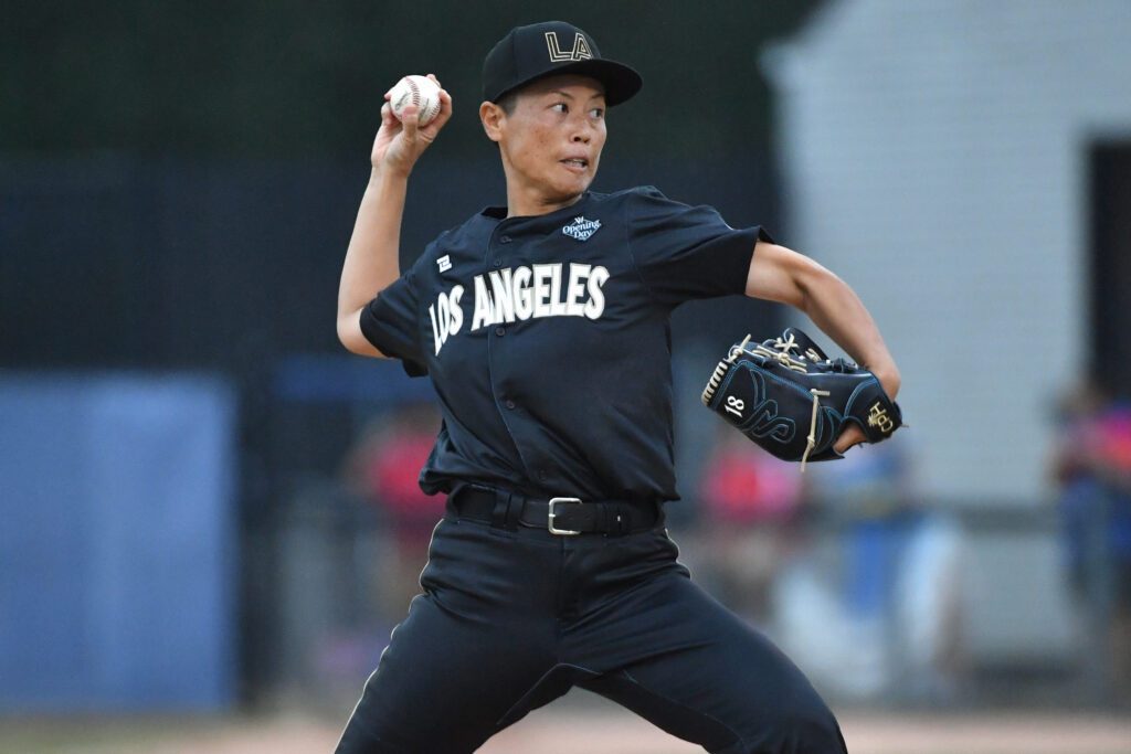 Los Angeles Queens pitcher Ayami Sato (18) delivers from the mound during the inaugural season opener against the New York Heights at Robin Roberts Stadium.