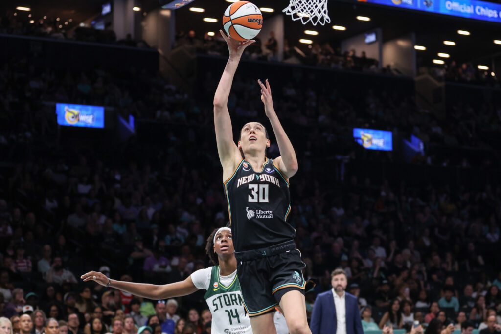 New York Liberty forward Breanna Stewart (30) drives to the basket in the second quarter against the Seattle Storm at Barclays Center.