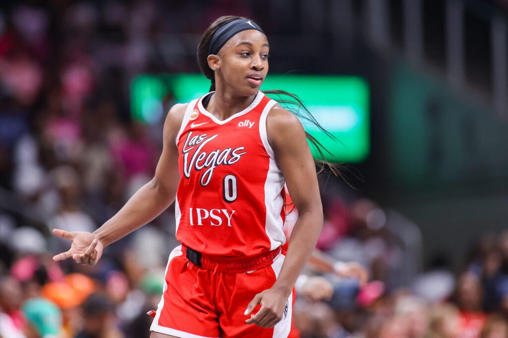 Las Vegas Aces guard Jackie Young (0) reacts after a basket against the Atlanta Dream in the third quarter at State Farm Arena.