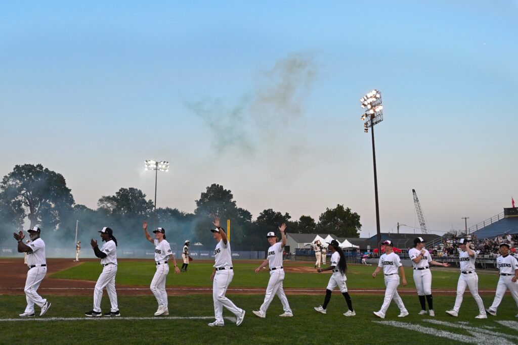 Members of the New York Heights team of the WPBL are introduced during a WPBL game at Robin Roberts Stadium.