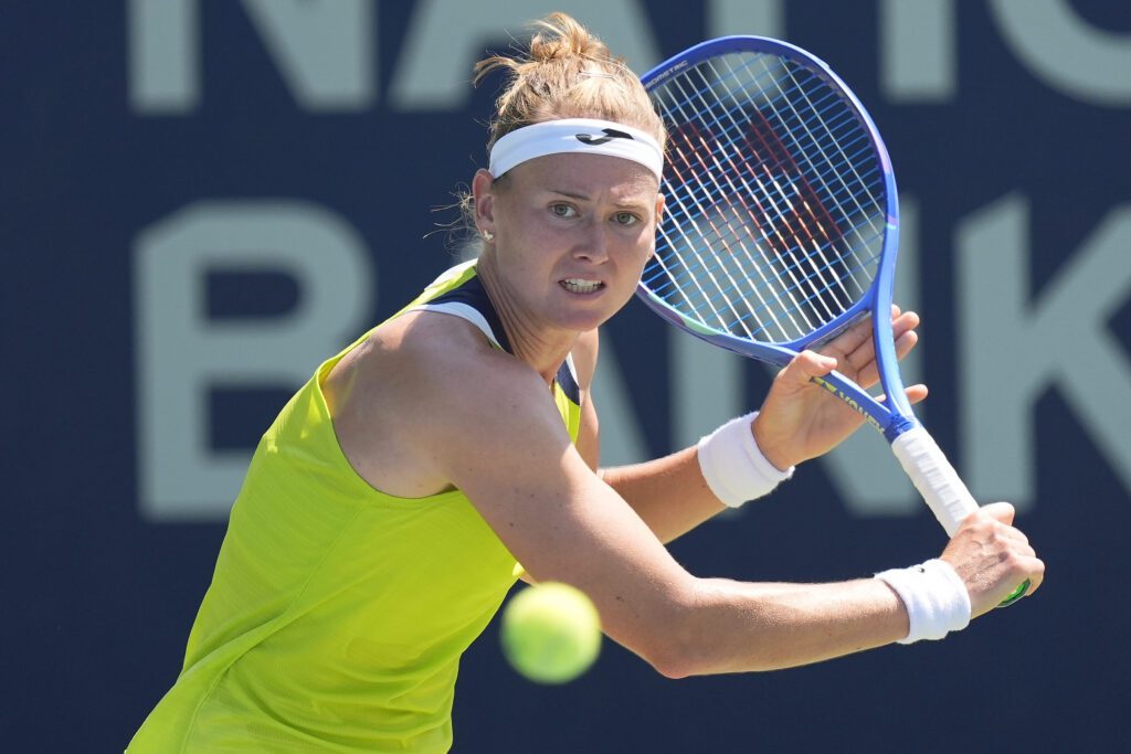Marie Bouzkova (CZE) sets up to hit a ball to Taylor Townsend (not pictured) during round two play of the National Bank Open at Sobeys Stadium.