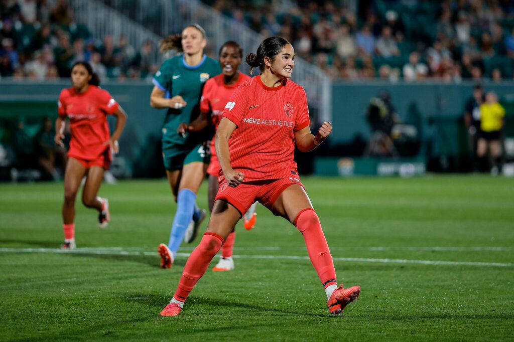 North Carolina Courage midfielder Riley Jackson (16) celebrates after penalty kick goal in the second half against the Denver Summit FC.