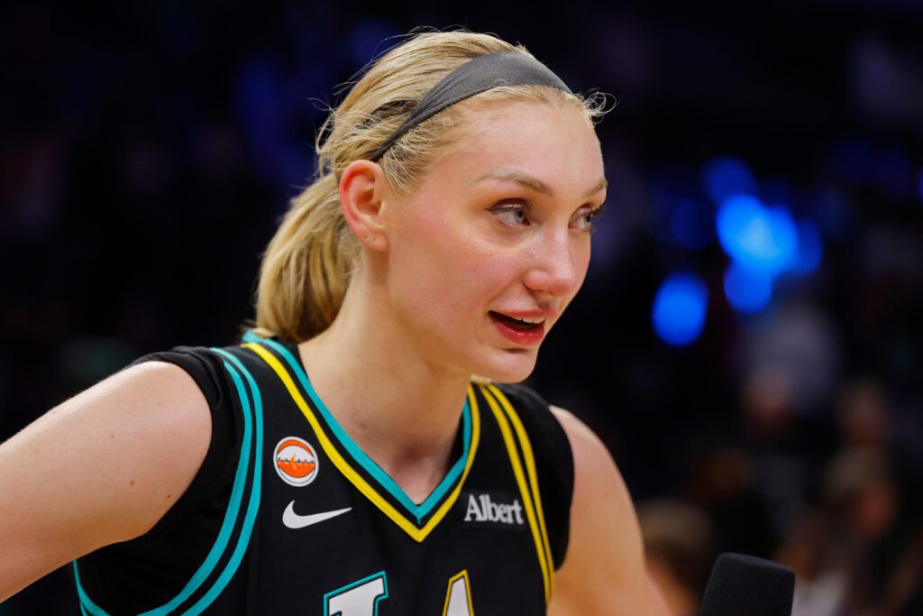 Los Angeles Sparks forward Cameron Brink (22) speaks to a reporter after the game against the Minnesota Lynx at Target Center.