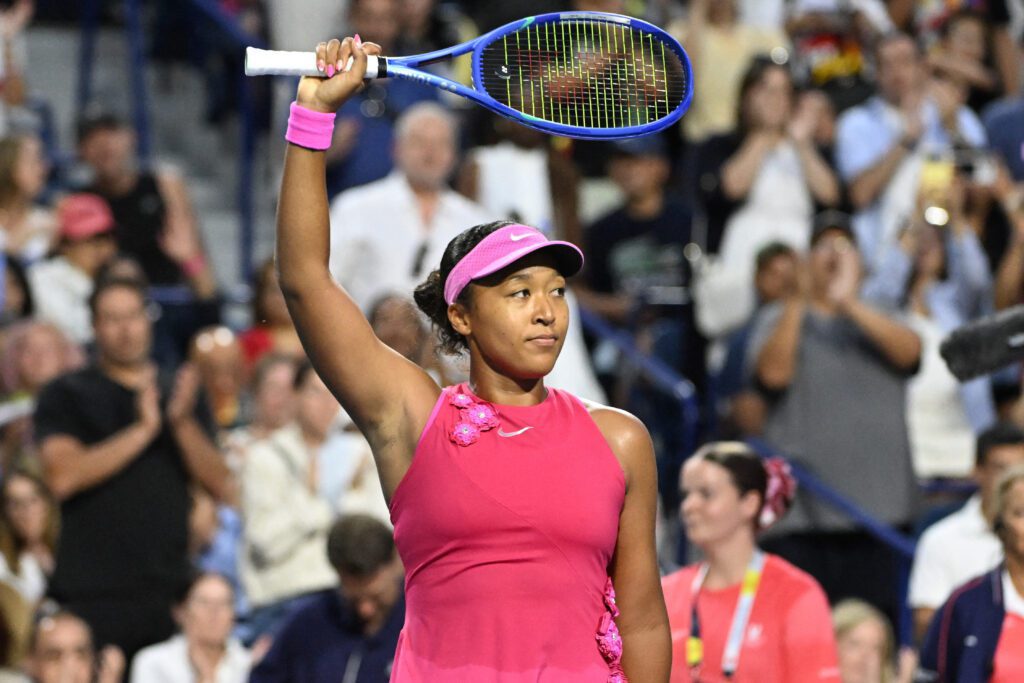 Naomi Osaka (JPN) waves to fans after defeating Leylah Fernandez (CAN) during fourth round play at Sobeys Stadium.