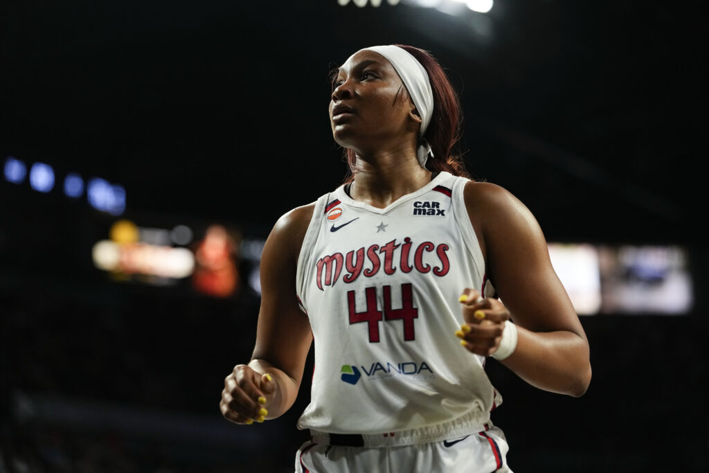 Washington Mystics forward Kiki Iriafen (44) competes during the third quarter of a WNBA basketball game against the Las Vegas Aces at Michelob Ultra Arena ahead of facing Kelsey Plum and Phoenix.