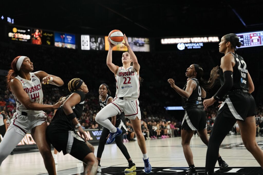 Washington Mystics guard Sonia Citron (22) shoots the ball against the Las Vegas Aces during the fourth quarter of a WNBA basketball game at Michelob Ultra Arena.