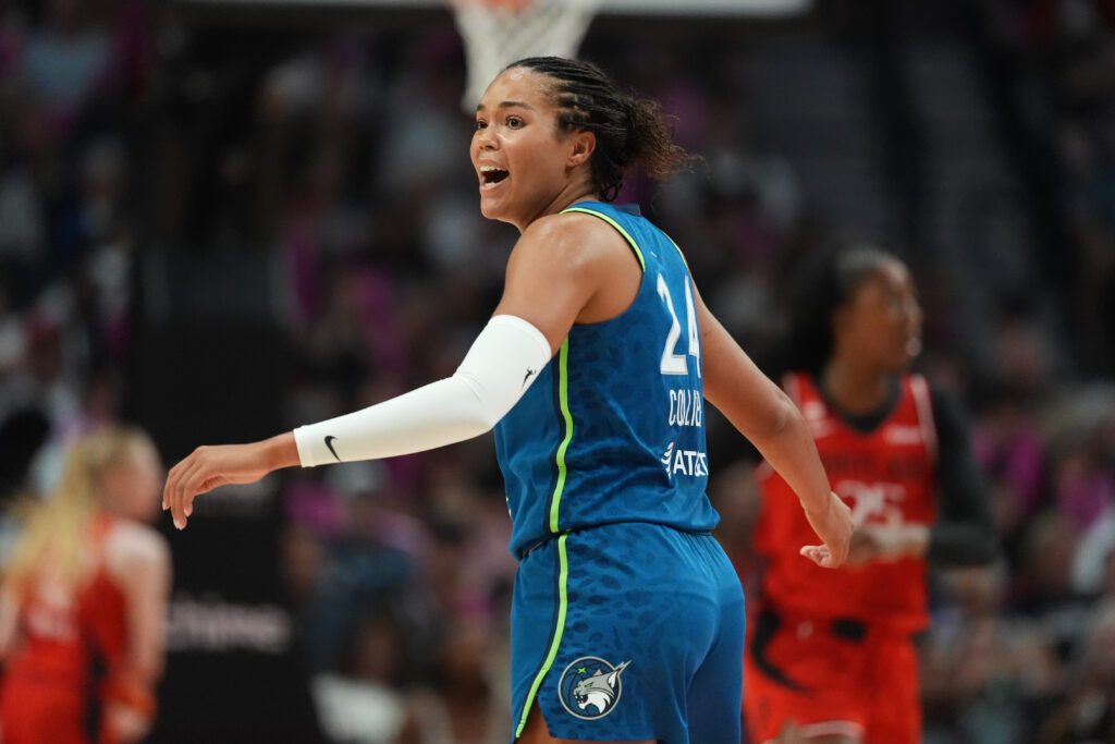 Minnesota Lynx forward Napheesa Collier (24) reacts during the second half against the Portland Fire at Moda Center.
