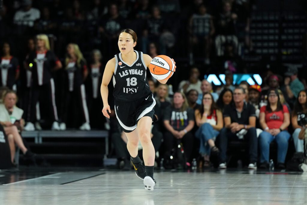 Las Vegas Aces guard Mai Yamamoto (18) dribbles against the Washington Mystics in the third quarter at Michelob Ultra Arena.