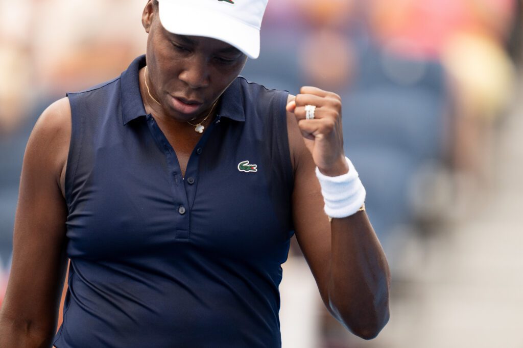 Venus Williams, of the United States, reacts to winning a point against Emiliana Arango, of Colombia, at the Cincinnati Open at the Lindner Family Tennis Center in Mason, Ohio, on Friday, August 14, 2026.