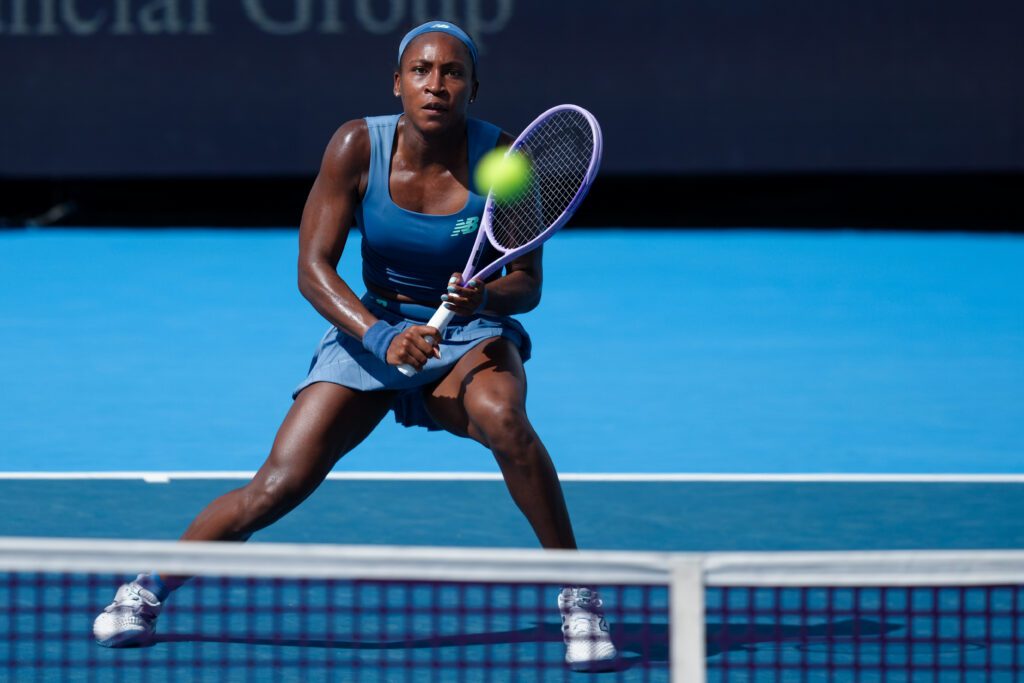 Coco Gauff (USA) returns a shot against Ann Li (USA) during the Cincinnati Open at Lindner Family Tennis Center.