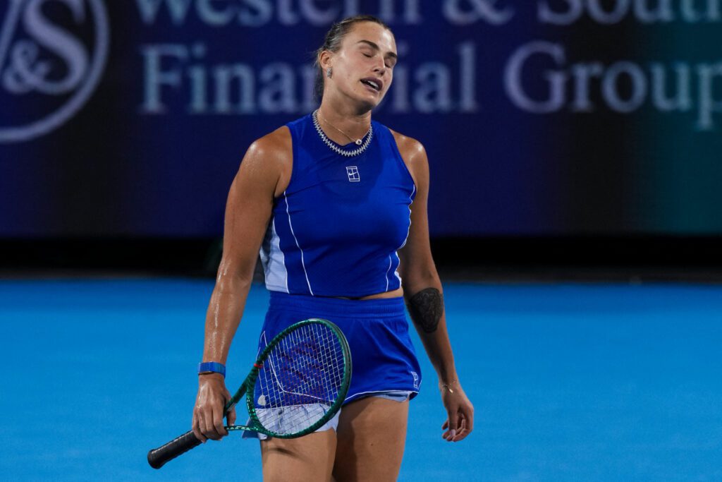 Aryna Sabalenka reacts after returning a shot against Sara Bejlek (CZE) during the Cincinnati Open at Lindner Family Tennis Center.