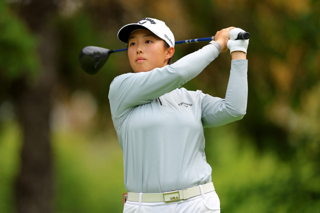 Ruoning Yin hits a her tee shot from the 16th tee box during the first round of the CPKC Women's Open golf tournament at Royal Mayfair Golf Club.