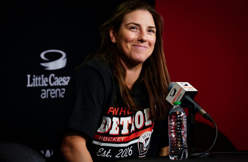 Hilary Knight, a forward acquired to play for PWHL Detroit, speaks to the media during a press conference at Little Caesars Arena in Detroit on Tuesday.