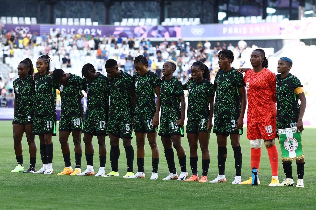 Team Nigeria looks on during the Women's group C match between Nigeria and Brazil during the Olympic Games Paris 2024 at Nouveau Stade de Bordeaux on July 25, 2024 in Bordeaux, France.