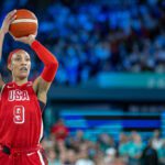 A'Ja Wilson #9 of Team United States at the free throw line during the United States of America v France, Women's Basketball Gold Medal Game at the Bercy Arena during the Paris 2024 Summer Olympic Games on August 11th, 2024 in Paris, France.