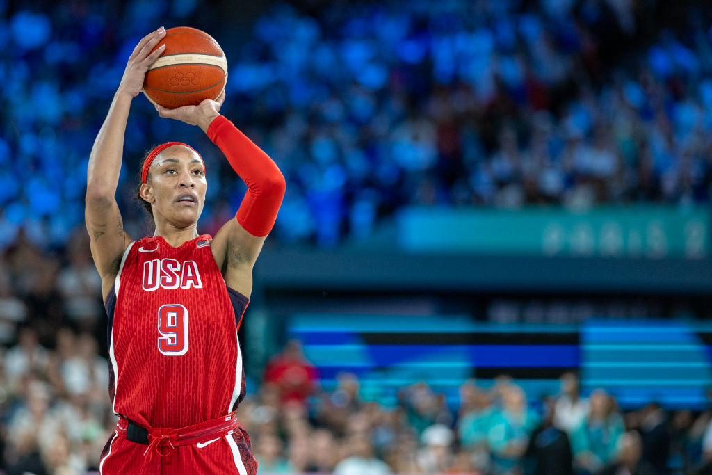A'Ja Wilson #9 of Team United States at the free throw line during the United States of America v France, Women's Basketball Gold Medal Game at the Bercy Arena during the Paris 2024 Summer Olympic Games on August 11th, 2024 in Paris, France.