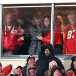 Taylor Swift and Caitlin Clark celebrate during an NFL football game between the Houston Texans and Kansas City Chiefs at GEHA Field at Arrowhead Stadium on January 18, 2025 in Kansas City, Missouri.